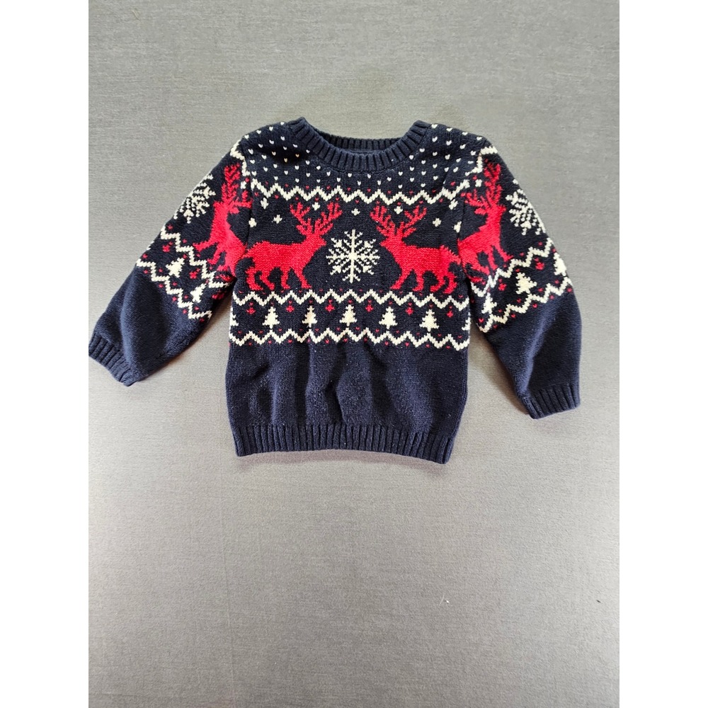 HM Toddler Reindeer Snowflake Fair Isle Knit Sweater Navy Blue Red 2T Holiday